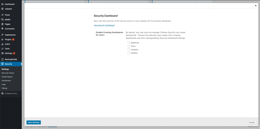 dashboard module settings